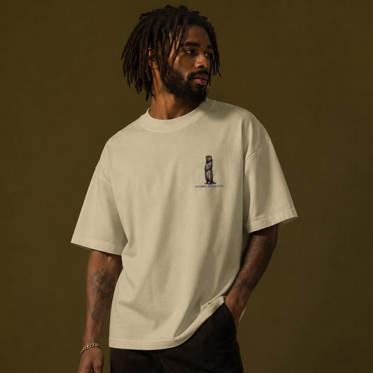 Beige Signature Otter Embroidered Oversized Unisex T-Shirt