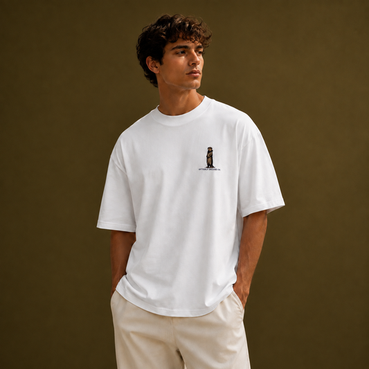 White Signature Otter Embroidered Oversized Unisex T-Shirt