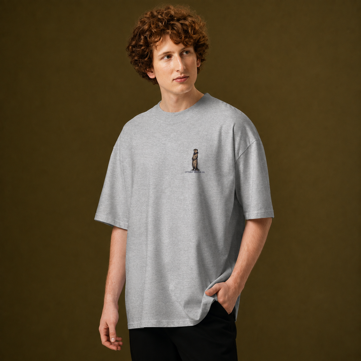 Grey Signature Otter Embroidered Oversized Unisex T-Shirt