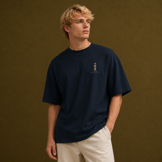Navy Signature Otter Embroidered Oversized Unisex T-Shirt